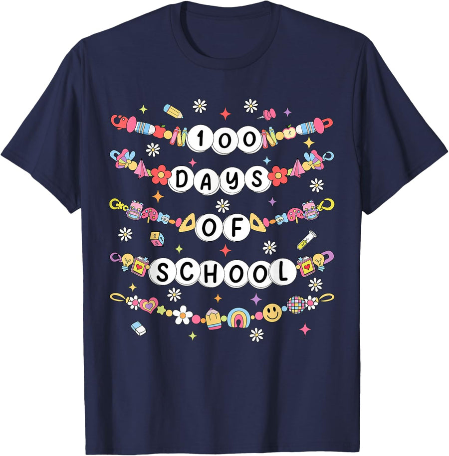 100 Days of School Shirt Friendship Bracelets Tee 100 Days Smarter T-Shirt for Kids Boys Girls - Navy Blue