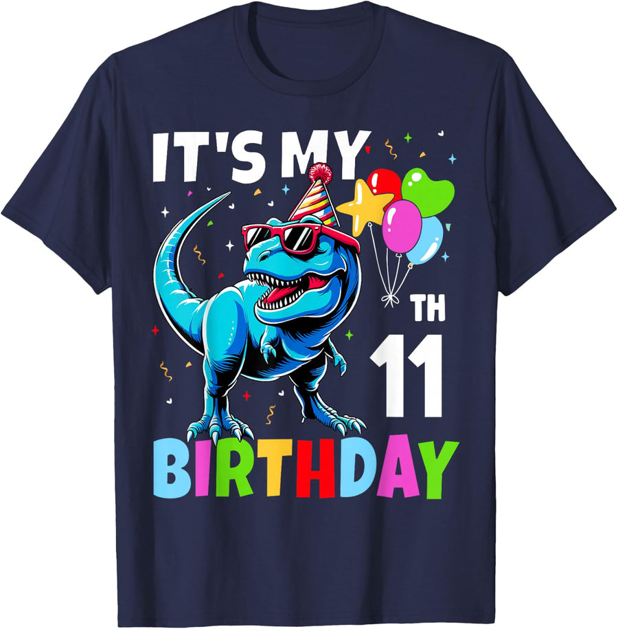11th Birthday Shirt For Boys 11yr 11 Year Old Dinosaur T-Rex T-Shirt - Navy Blue