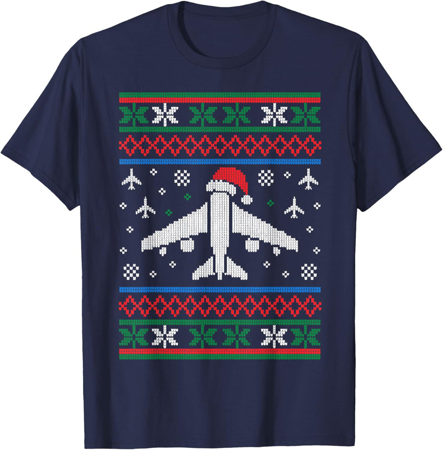 Funny Ugly Christmas Sweater Airplane Christmas Pilot T-Shirt Tee for Men Women - Navy Blue