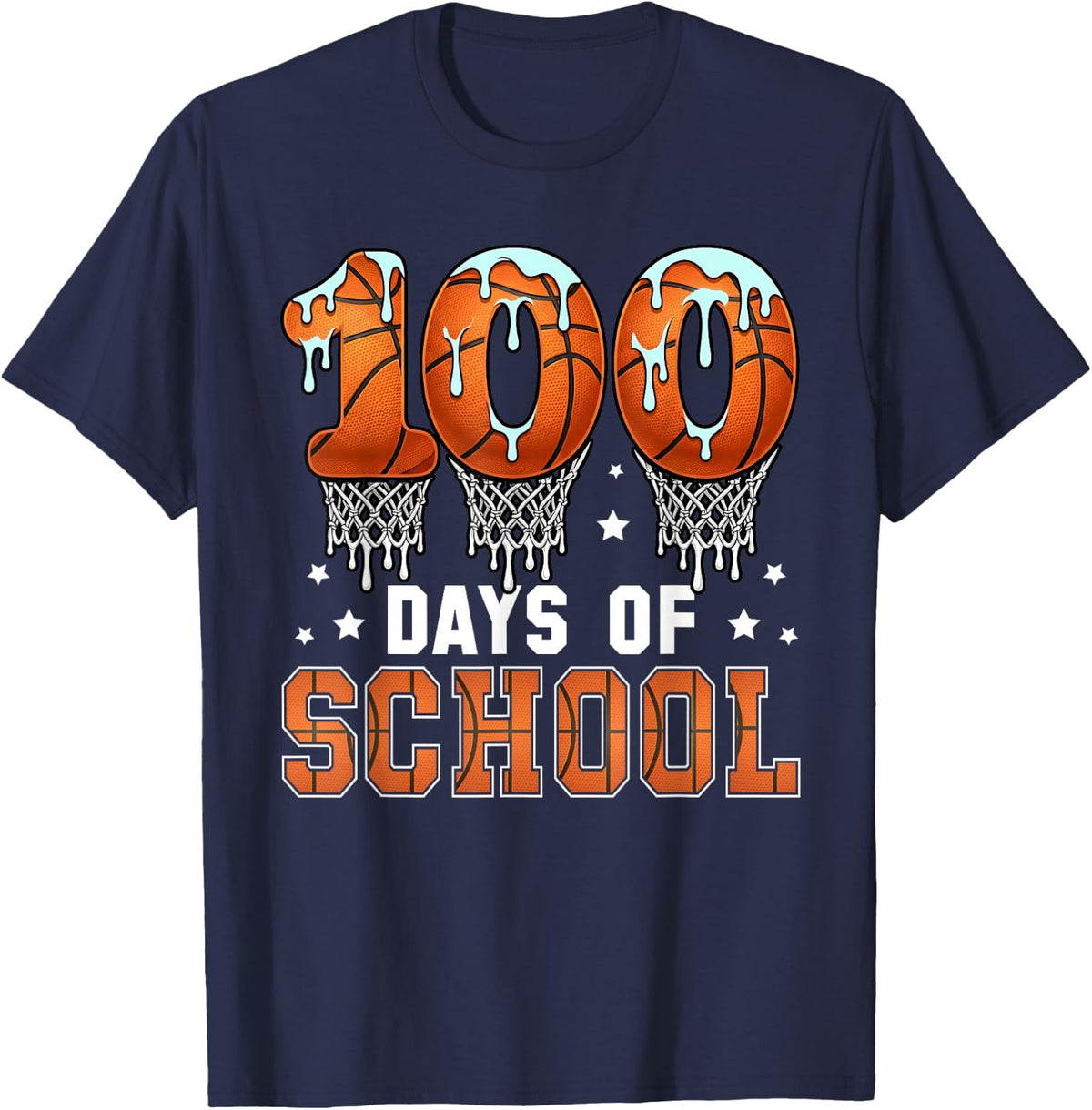 100 Days of School Basketball Drip 100th Day of School Boys T-Shirt - Navy Blue