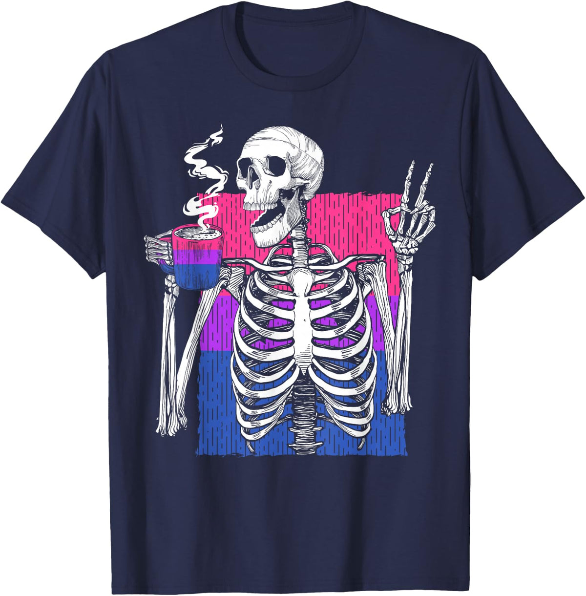 Bisexual Flag Skeleton Peace Coffee LGBTQ Pride Month T-Shirt - Navy Blue