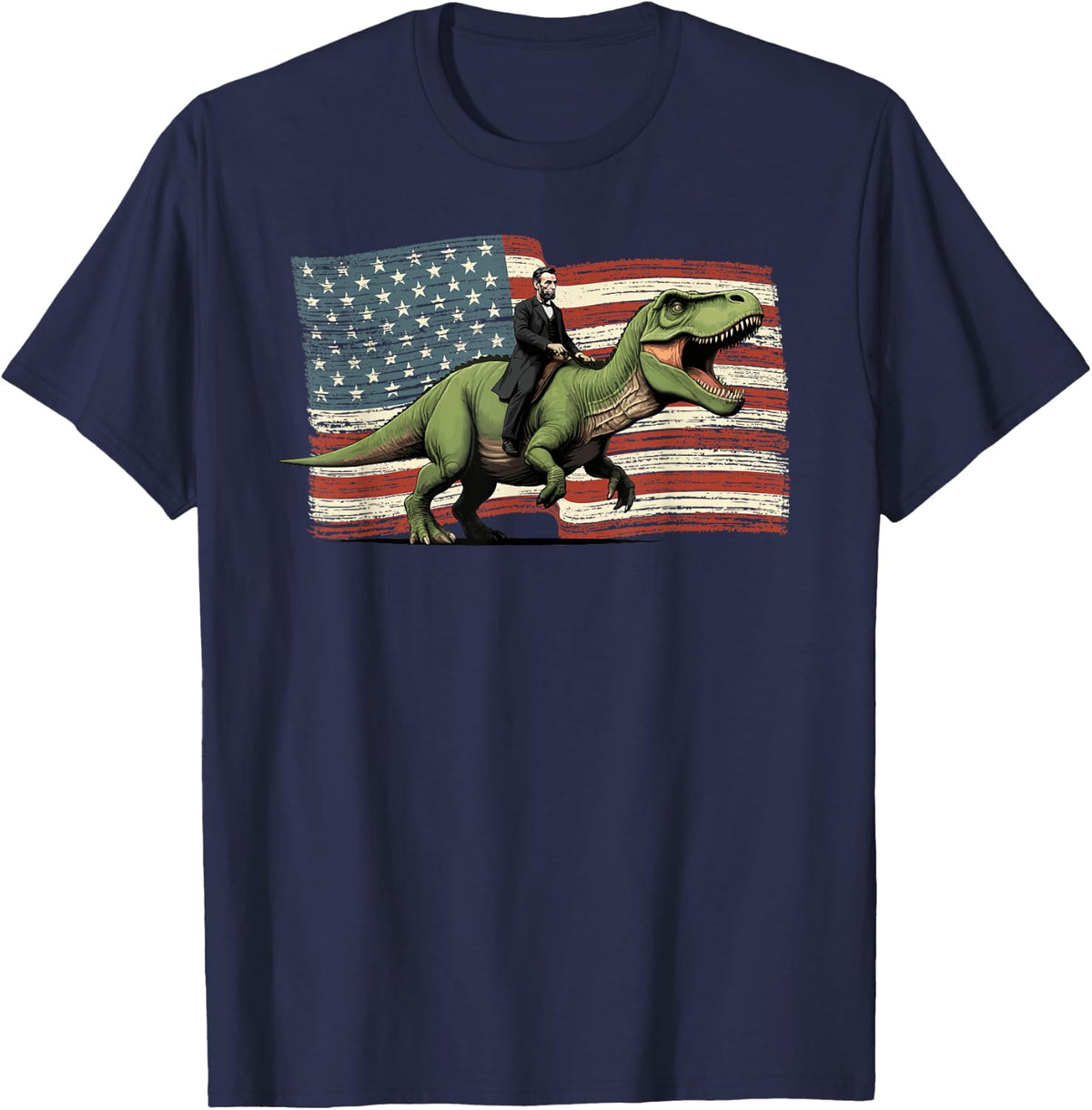Abe Lincoln Dinosaur T-Rex Boys 4th Of July USA Flag T-Shirt - Navy Blue