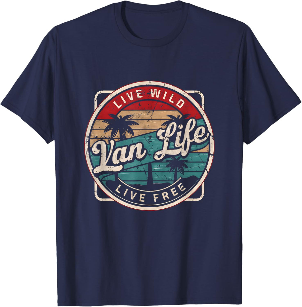 Vintage Van Life Camper Vanlife Nomads LiveWild Life Free T-Shirt - Navy Blue