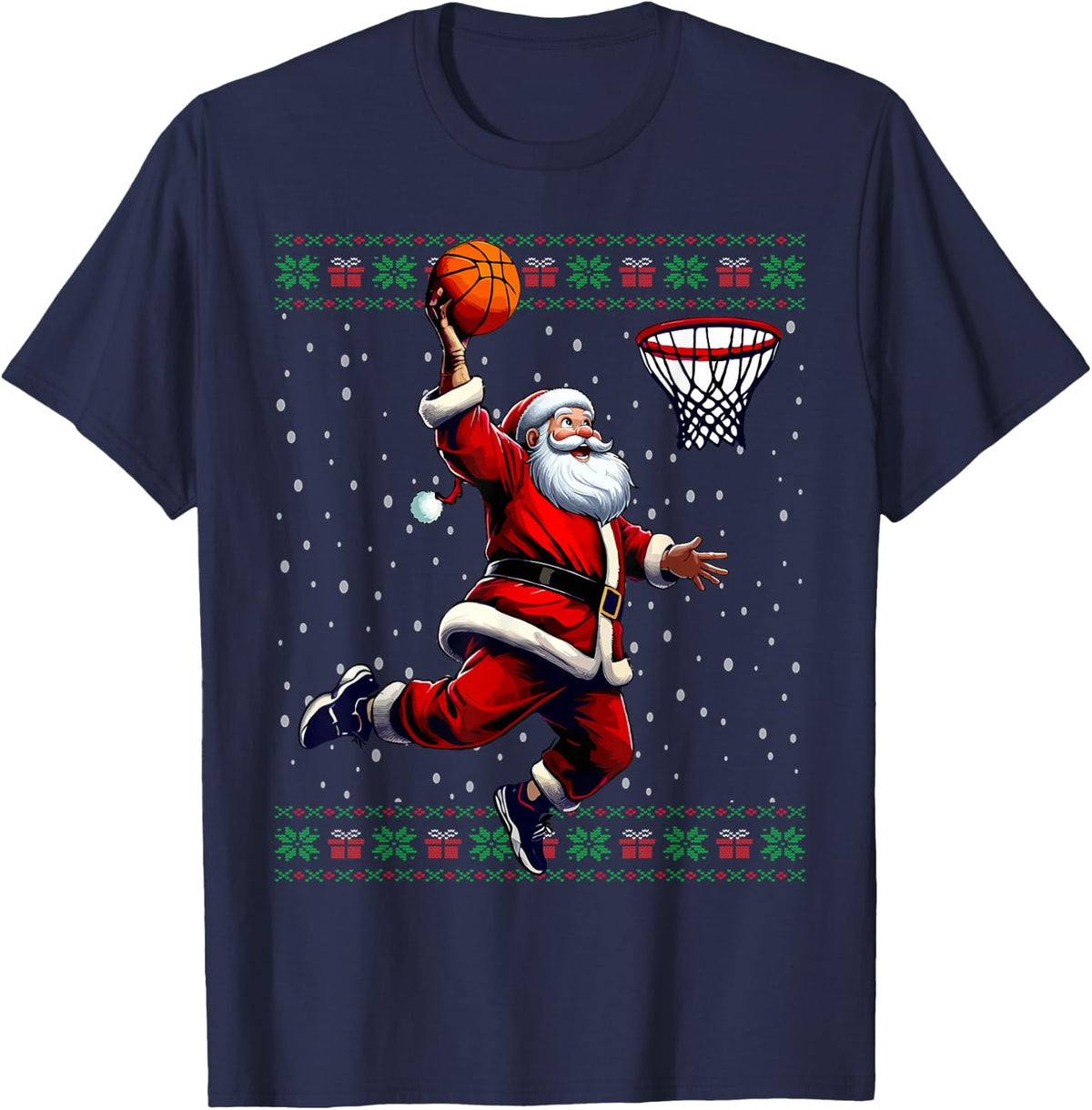 Santa Basketball Ugly Christmas Sweater T-Shirt - Navy Blue