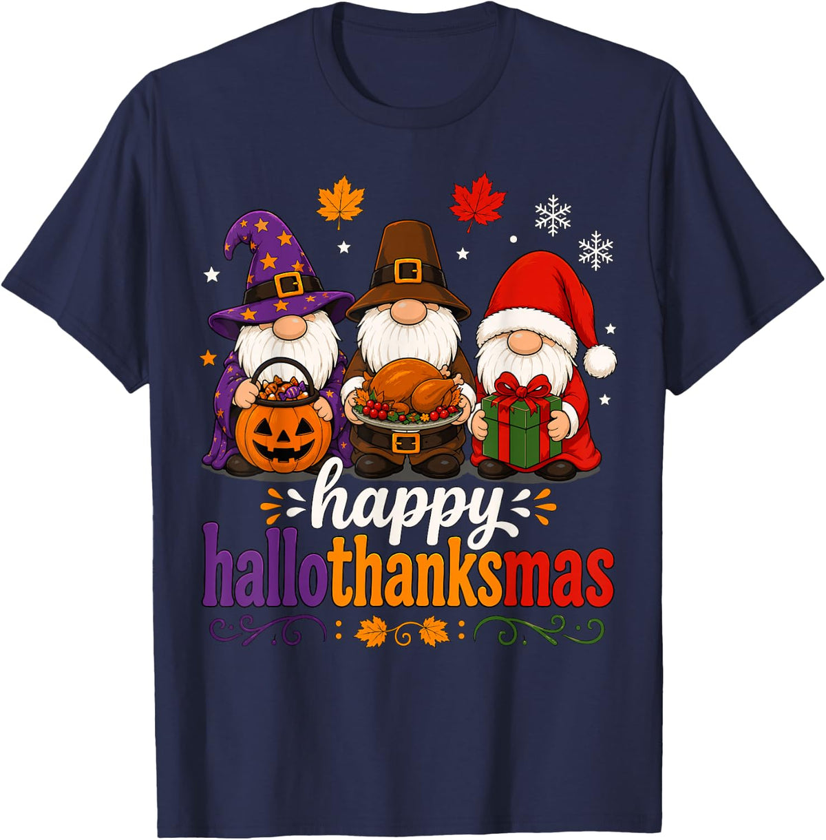 Happy Hallothanksmas Gnomes Holiday Ugly Sweater T-Shirt - Navy Blue