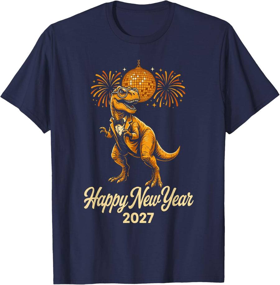 Funny Dinosaur Happy New Year 2027 Retro Party T-Shirt - Navy Blue