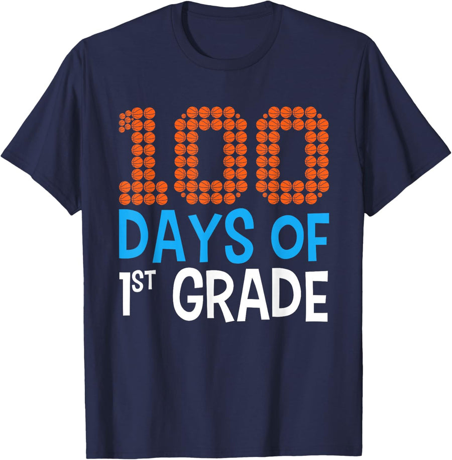 100 Days of First Grade Basketball Sport 100th Day of School T-Shirt - Navy Blue