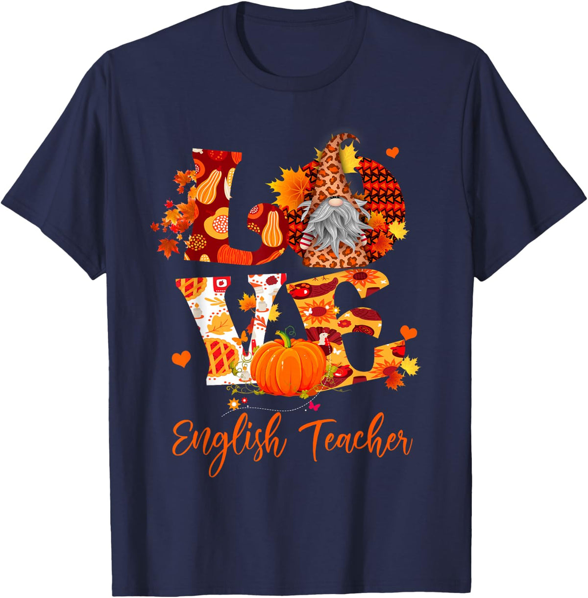 Fall Leopard Love English Teacher Thanksgiving Gnome T-Shirt - Navy Blue