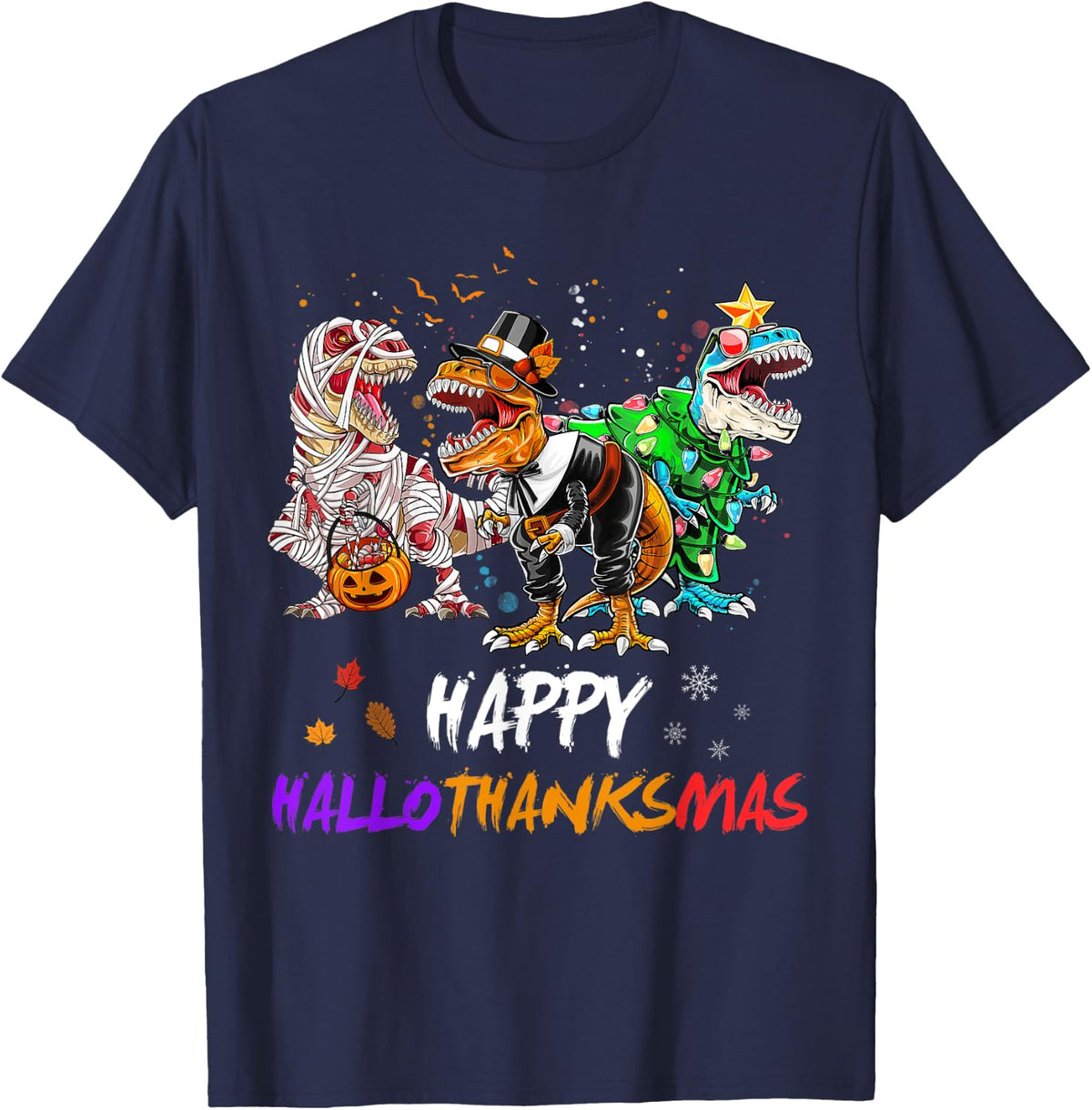 Dinosaur T Rex Happy Hallothanksmas Halloween Kids Boys T-Shirt - Navy Blue
