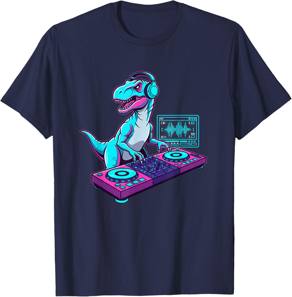 Mythical & Prehistoric DJ Dinosaur Raptor Turntable DJ T-Shirt - Navy Blue