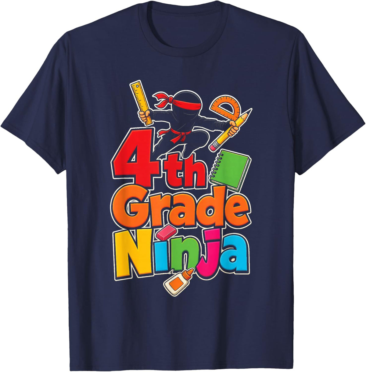 4th Grade Ninja Cartoon Kids First Day Ruler Protractor T-Shirt - Navy Blue