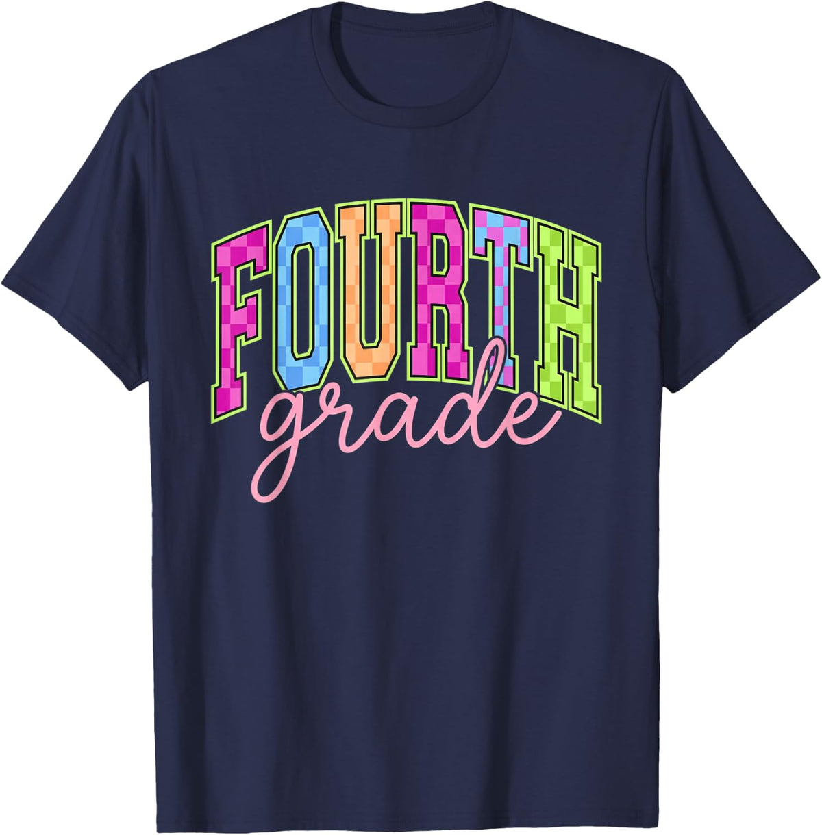 Fourth Grade Back to School Retro Checker Kids Student T-Shirt - Navy Blue