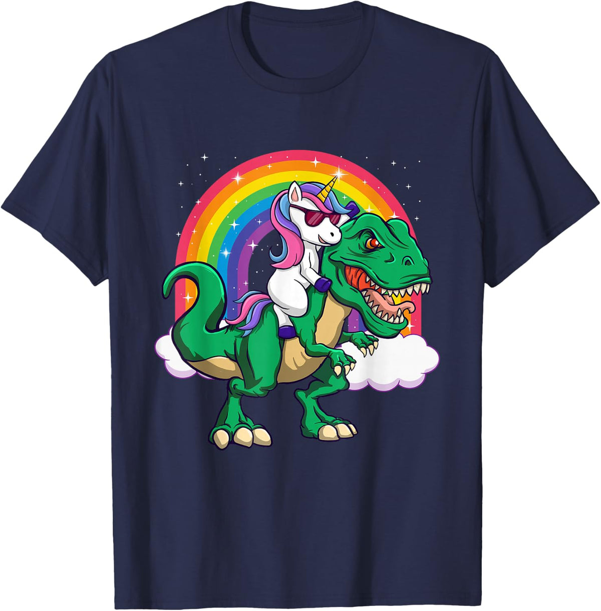 Unicorn Riding Dinosaur - Mythical Animal Rainbow Unicorn T-Shirt - Navy Blue
