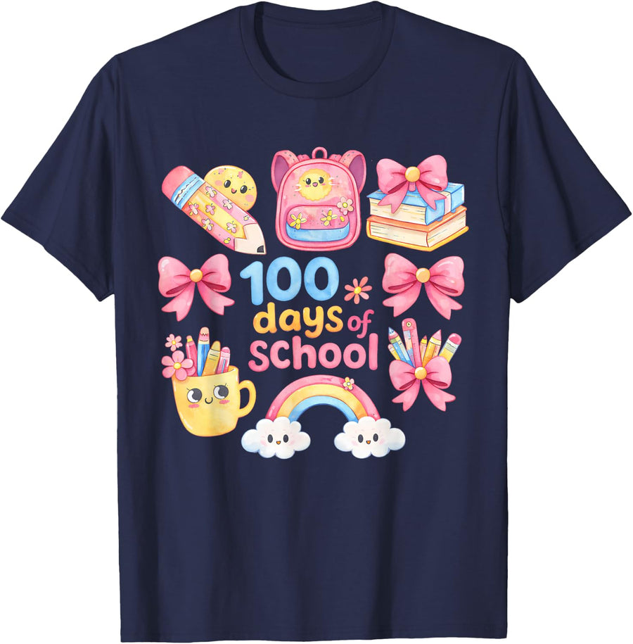 100 Days of School Shirt Girls Cute Bow 100th Day Tee for Kids Students Boys - Navy Blue