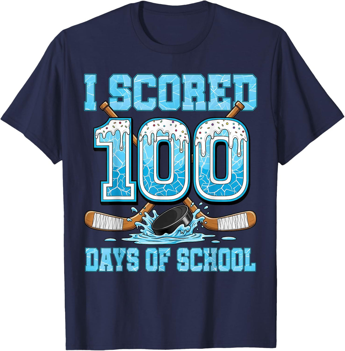 100 Days of School Hockey Drip Boys Kids T-Shirt 100th Day Tee - Navy Blue