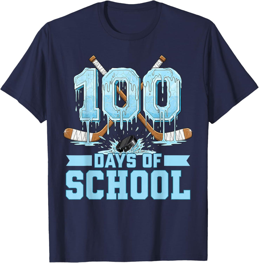 100 Days of School Hockey Drip Tees T Shirts for Boys Kids 100th Day Shirt - Navy Blue