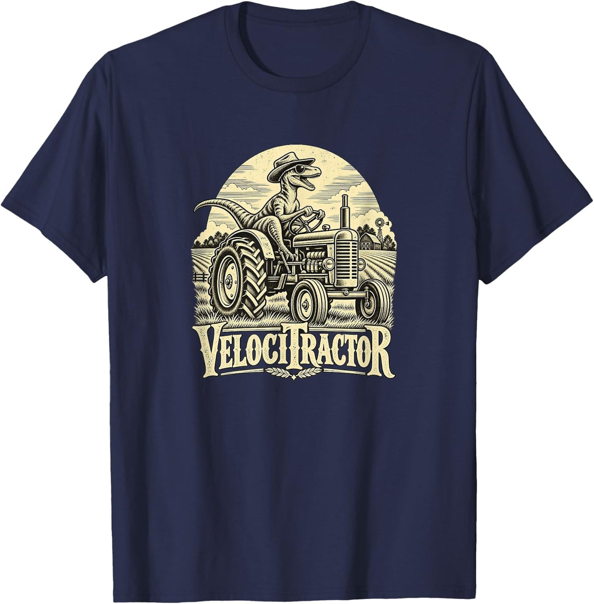 Funny Dinosaur Tractor Farmer Vintage Velocitractor T-Shirt - Navy Blue