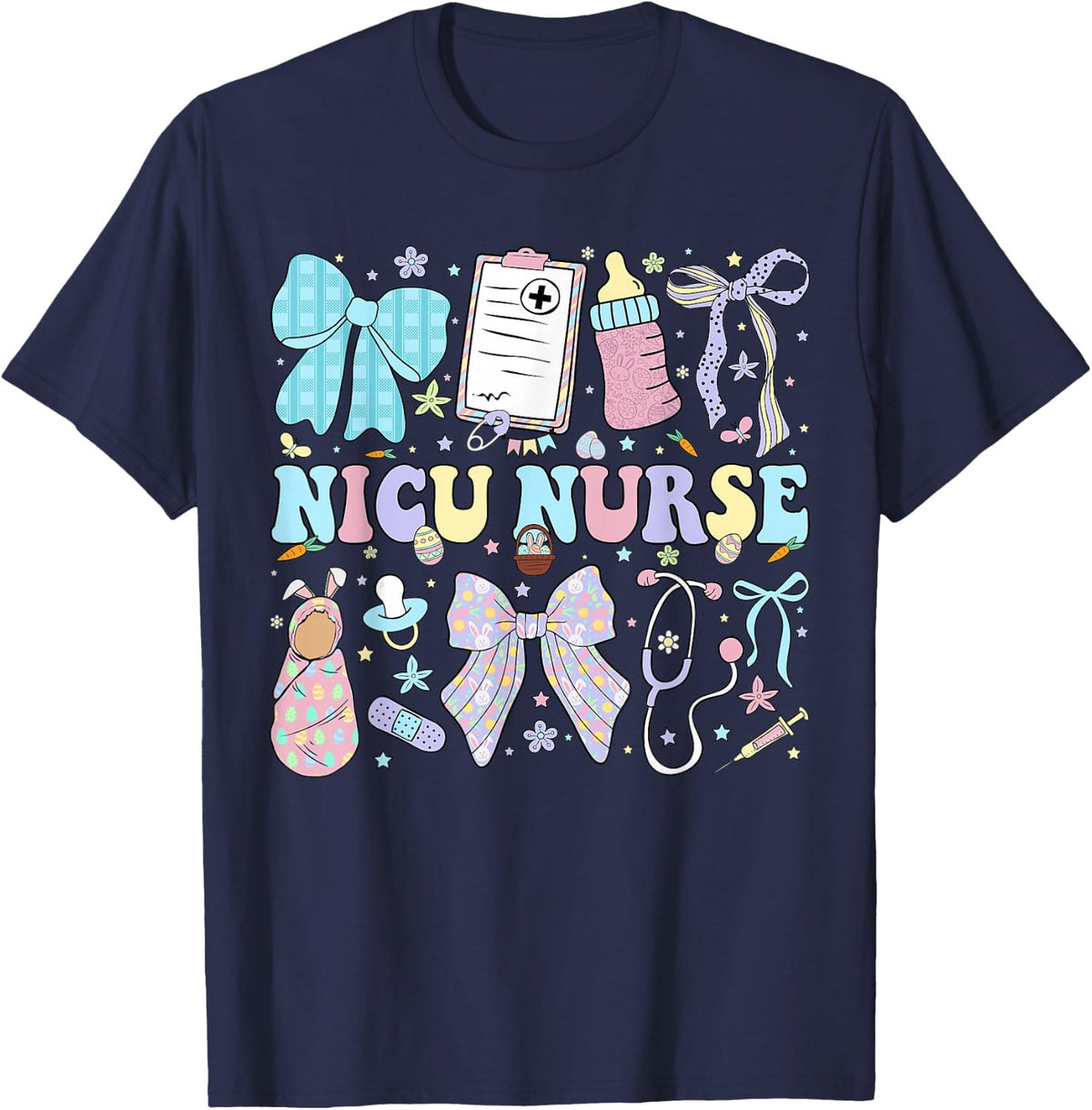 Neonatal Intensive Care Unit Coquette NICU Nurse Easter T-Shirt - Navy Blue