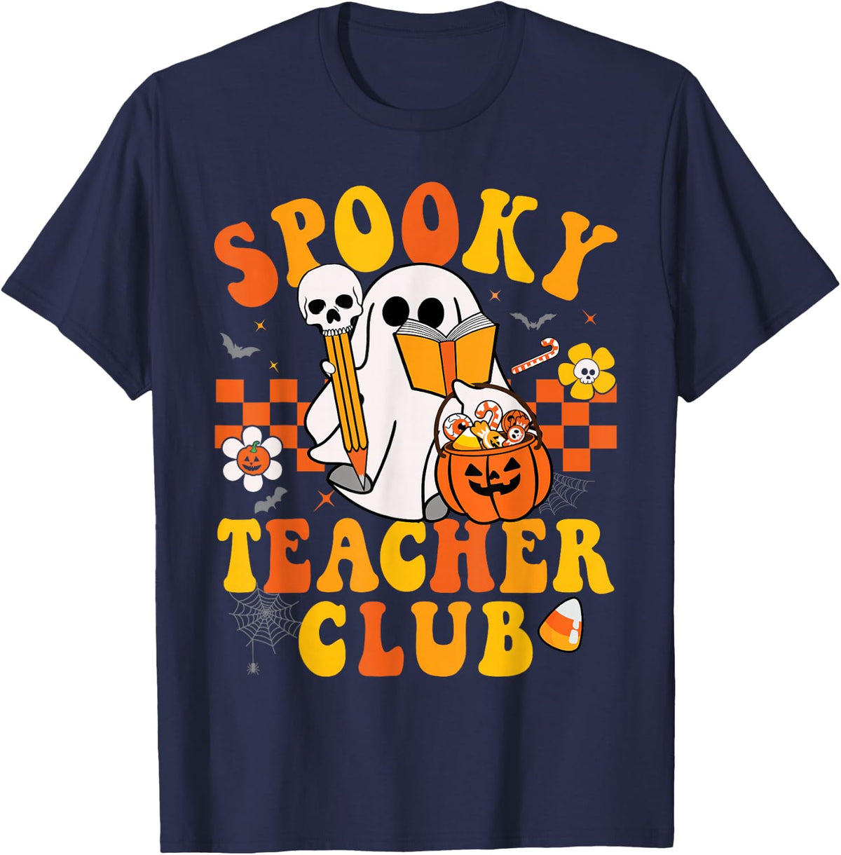 Spooky School Teacher Club Funny Halloween Ghost Teaching T-Shirt - Navy Blue