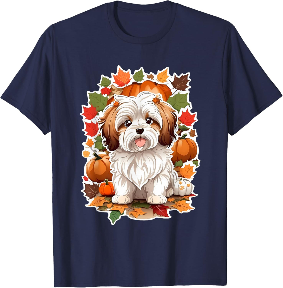 Halloween Pumpkin Leaves Cute Havanese Dog Lover Autumn T-Shirt - Navy Blue