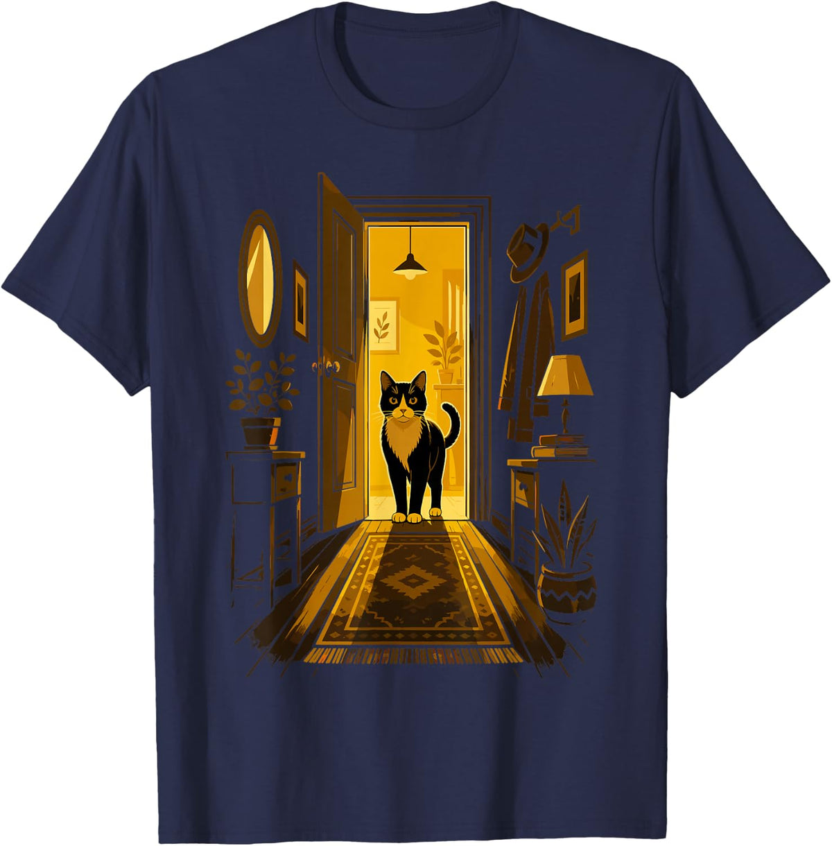Tuxedo Cat Waiting in a Warm Doorway T-Shirt - Navy Blue
