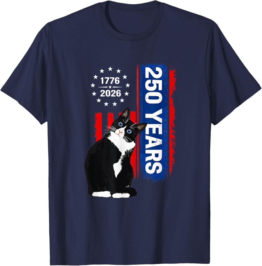 Tuxedo Patriotic Cat 250 Years Birthday USA T-Shirt 1776 T-Shirt - Navy Blue