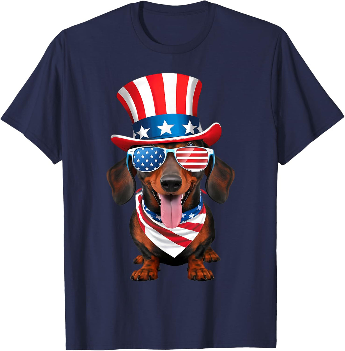 Dachshund Dog American Flag Glasses Hat 4th of July T-Shirt - Navy Blue