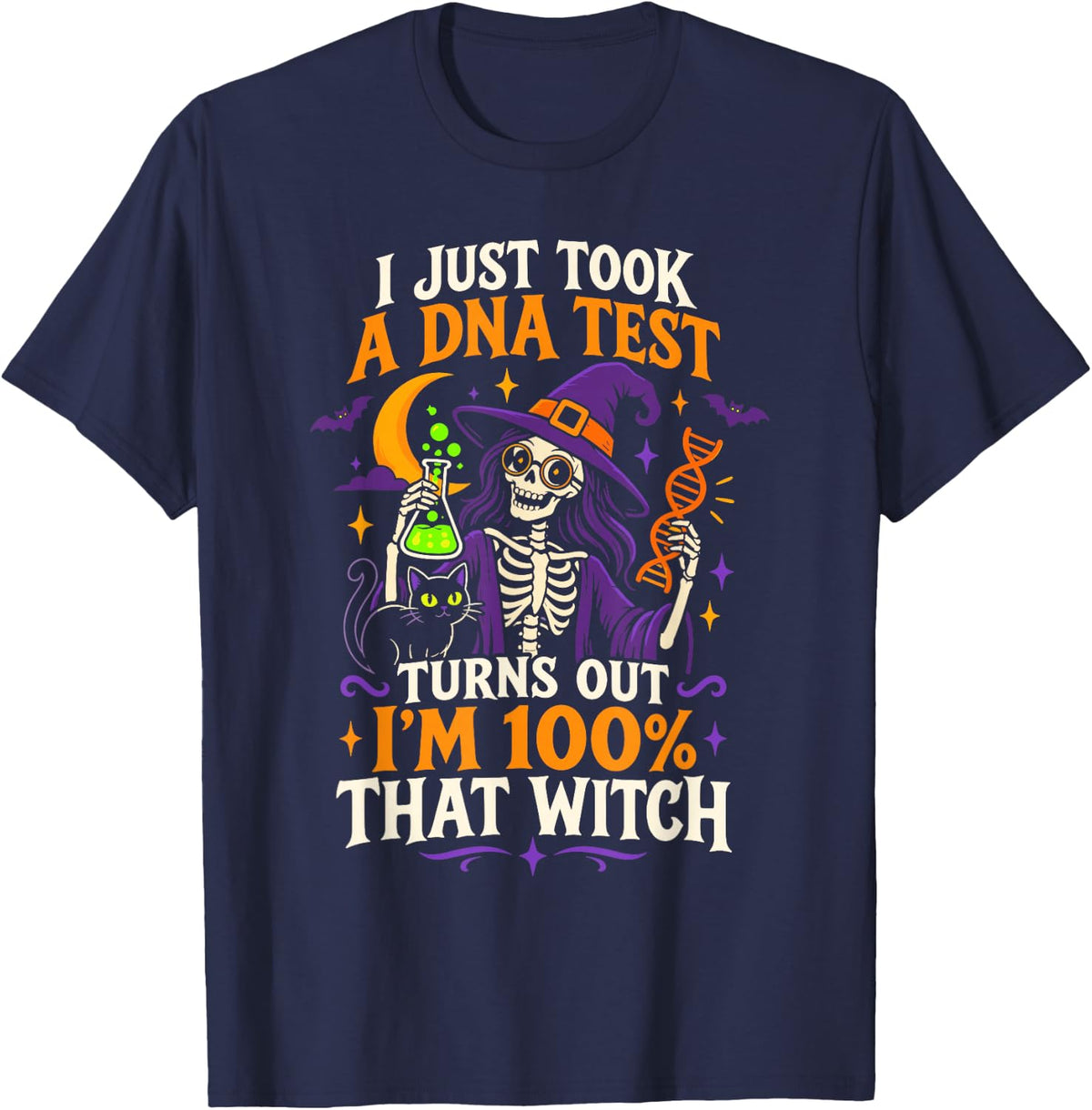 Witch DNA Test Science Skeleton Halloween Humor T-Shirt - Navy Blue