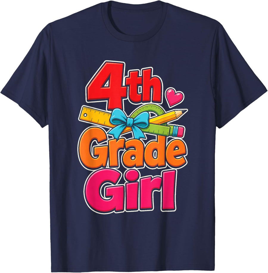 4th Grade Girl First Day Hearts Bows Ruler Protractor T-Shirt - Navy Blue