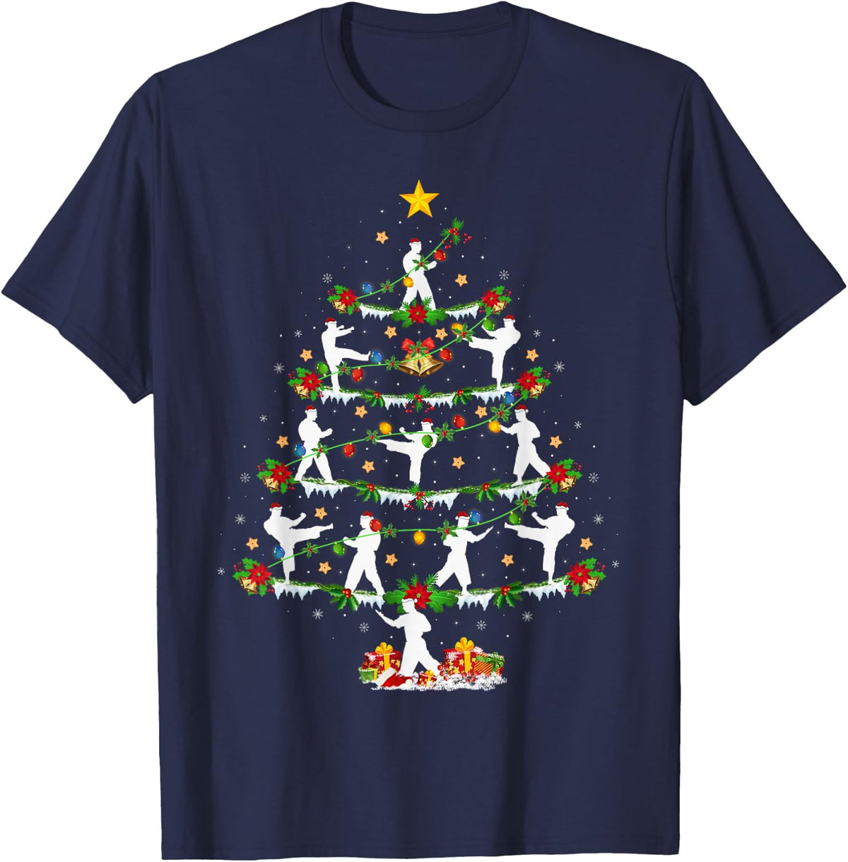 Karate Martial Art Lover Xmas Lighting Karate Christmas Tree T-Shirt - Navy Blue