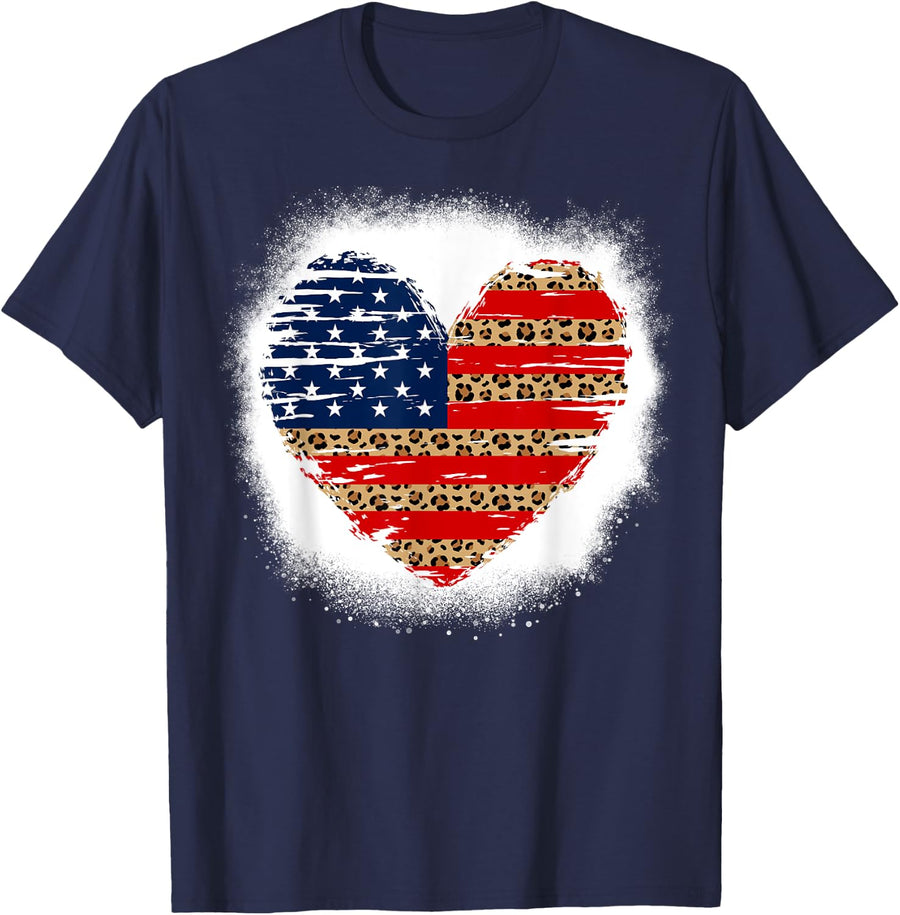 American Flag Heart 4th of July Leopard Print USA Patriotic T-Shirt for Women Kids Men - Navy Blue
