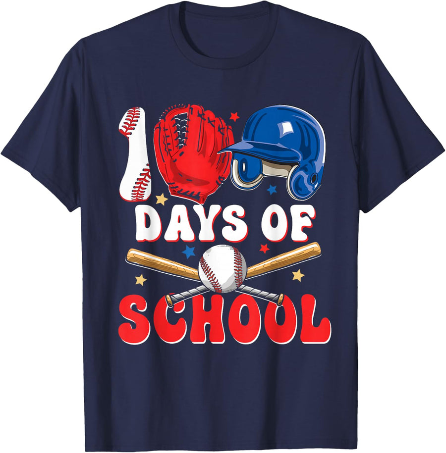 100 Days Of School Baseball 100th Day For Boys Kids T-Shirt - Navy Blue