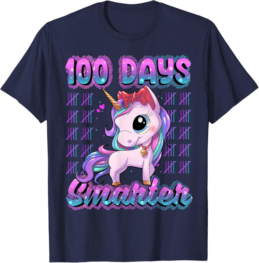 100 Days Of School Shirt Unicorn 100 Days Smarter Tees And T Shirts For Girls Boys 100th Day - Navy Blue