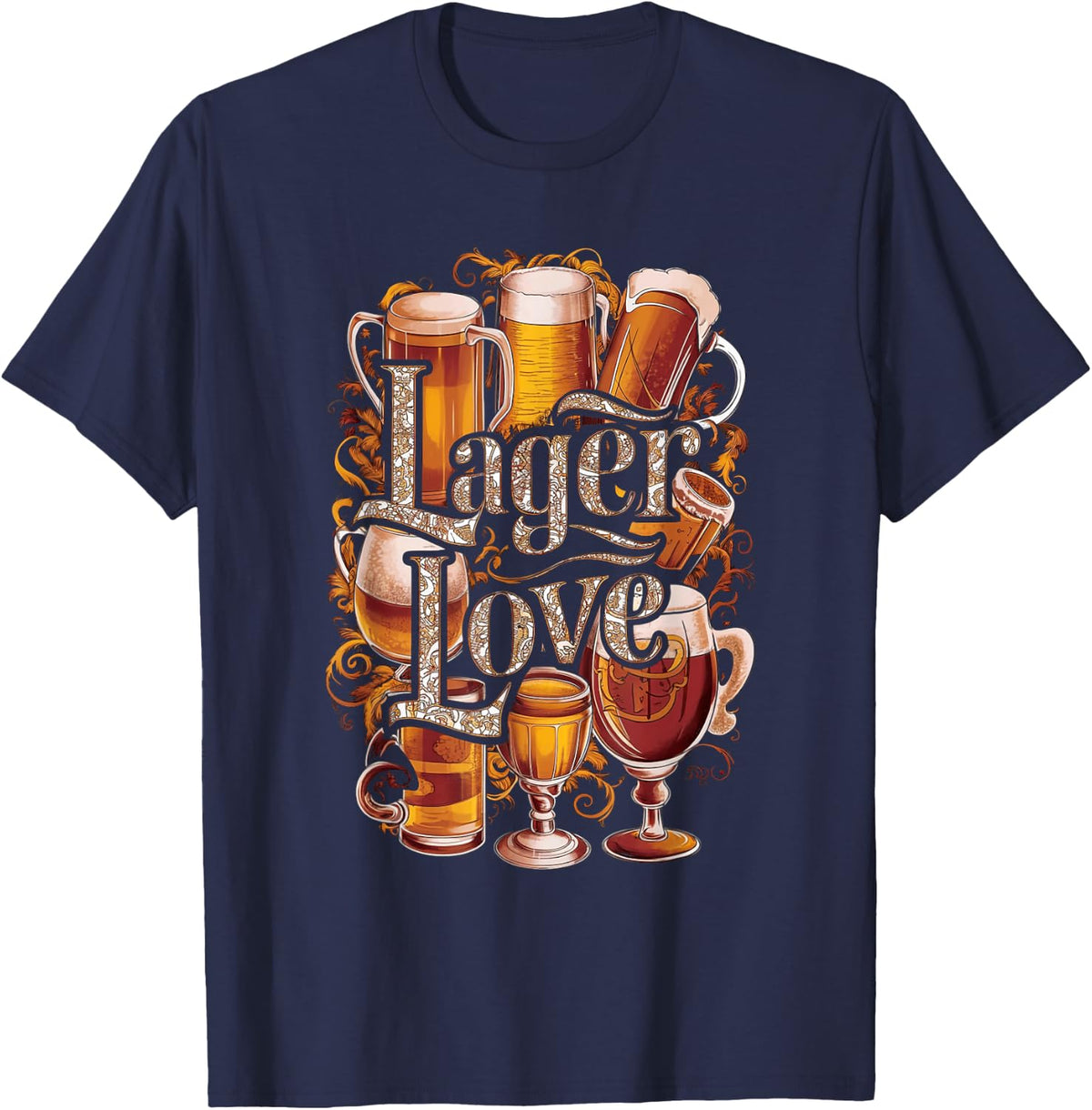 Lager Love Variety of Beers Rich Artwork T-Shirt - Navy Blue