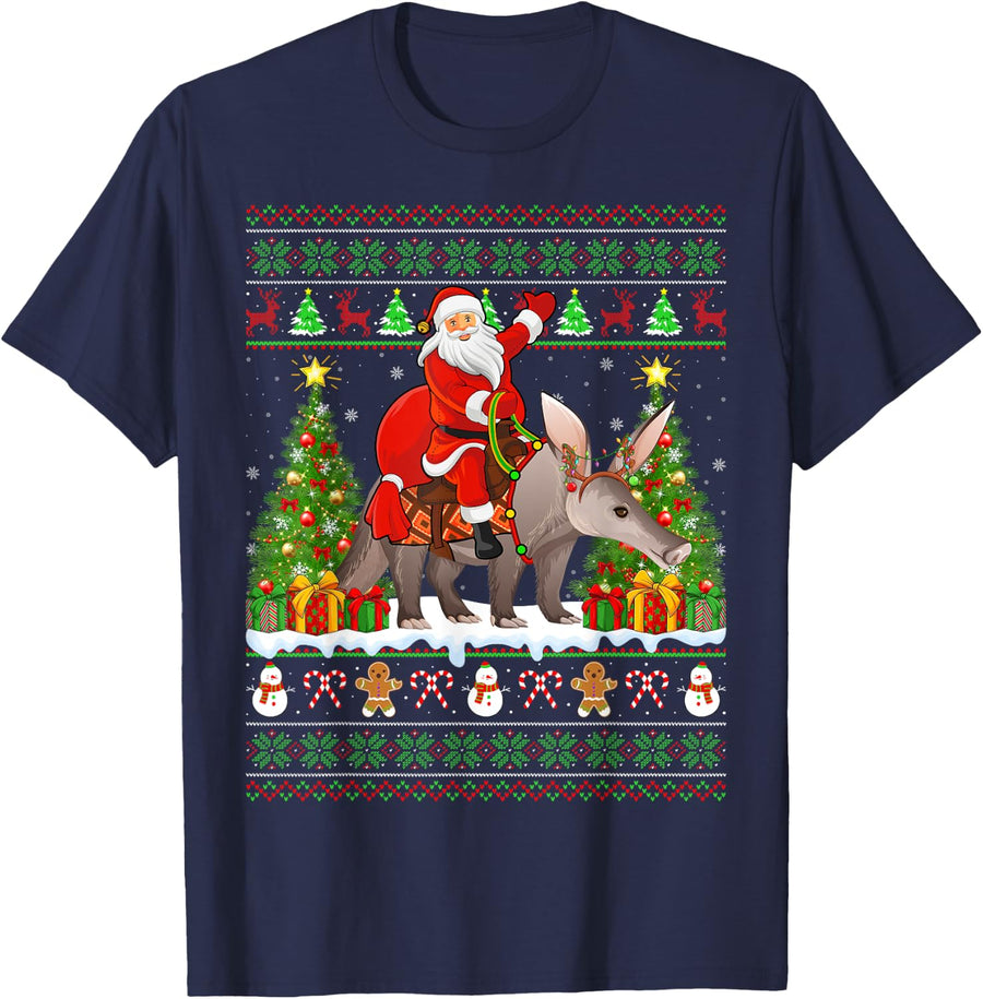 Aardvark Xmas Sweater Ugly Santa Riding Aardvark Christmas T-Shirt - Navy Blue
