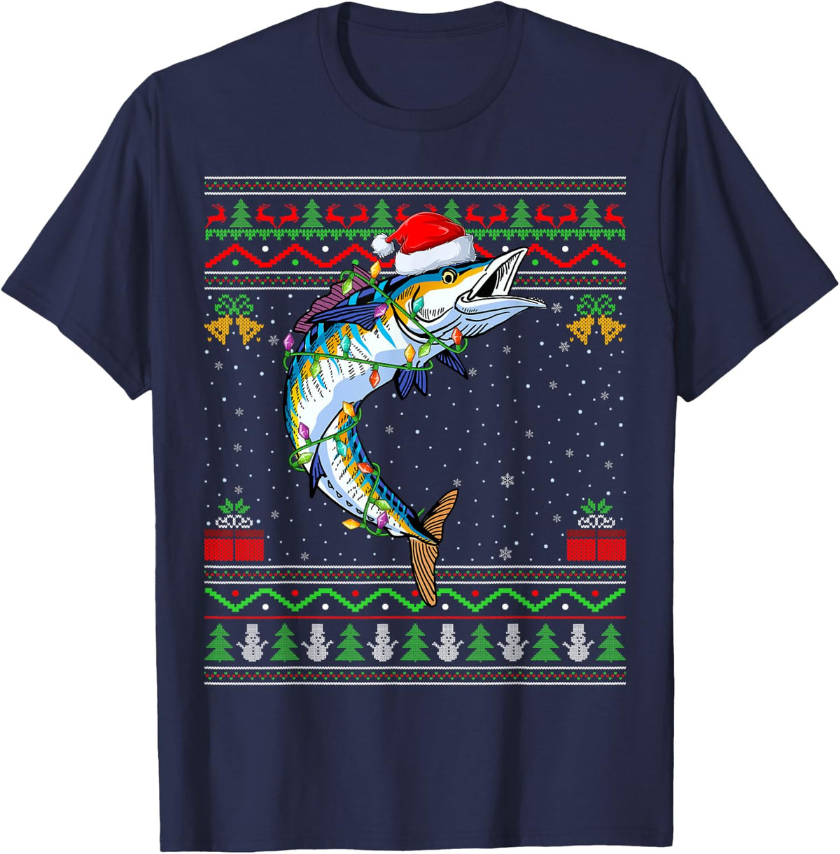 Xmas Lights Ugly Sweater Style Santa Wahoo Fish Christmas T-Shirt - Navy Blue