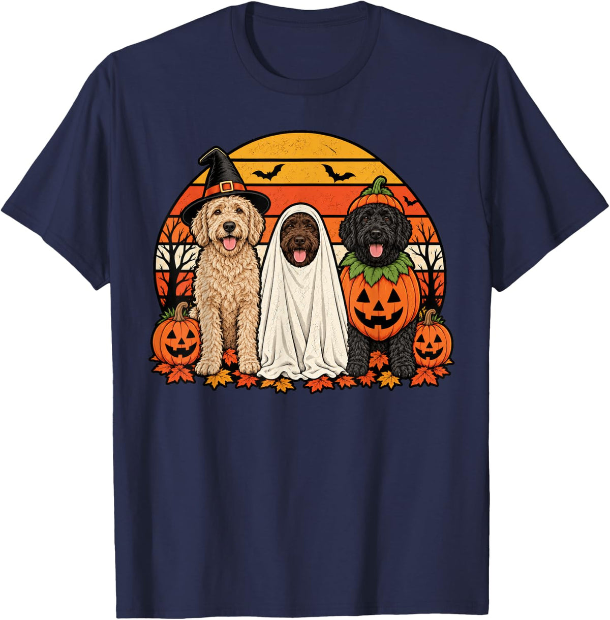 Spooky Labradoodle Pumpkin Ghost Halloween Doodle Dog Lover T-Shirt - Navy Blue