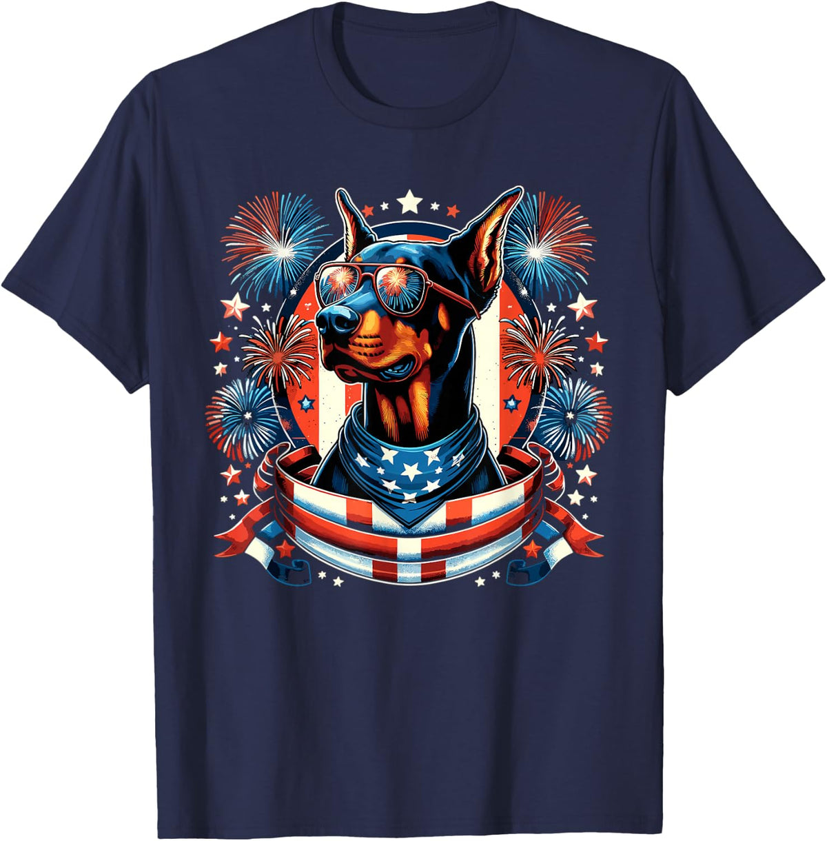 Doberman Dog Patriotic 4th Of July USA American Flag T-Shirt - Navy Blue