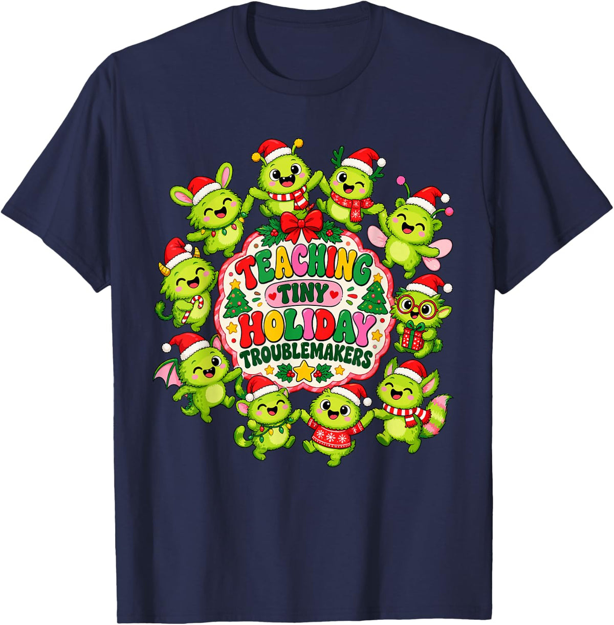 Christmas Teacher Merry Classroom Monsters Holiday Humor Joy T-Shirt - Navy Blue