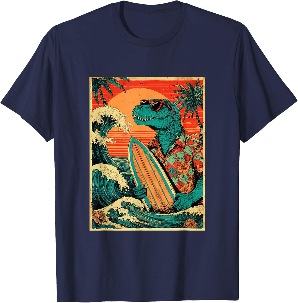Retro Surfing Tyrannosaurus Hawaiian Summer Dinosaur Surfer T-Shirt - Navy Blue