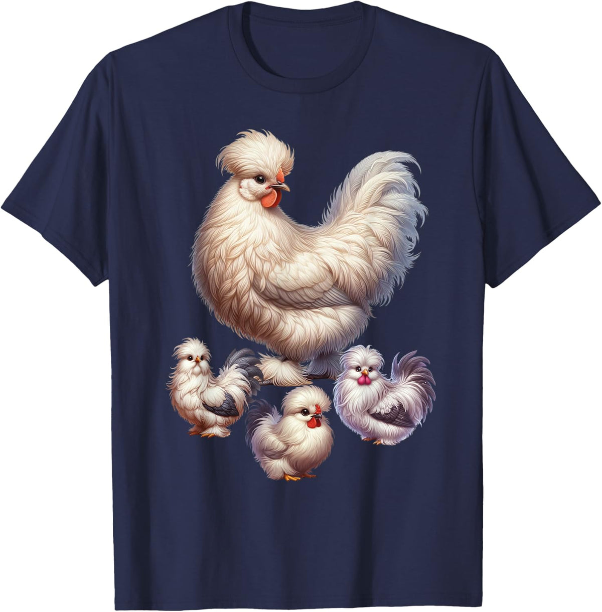 Silkie Chicken Family Fluffy Hen and Chicks Graphic T-Shirt - Navy Blue