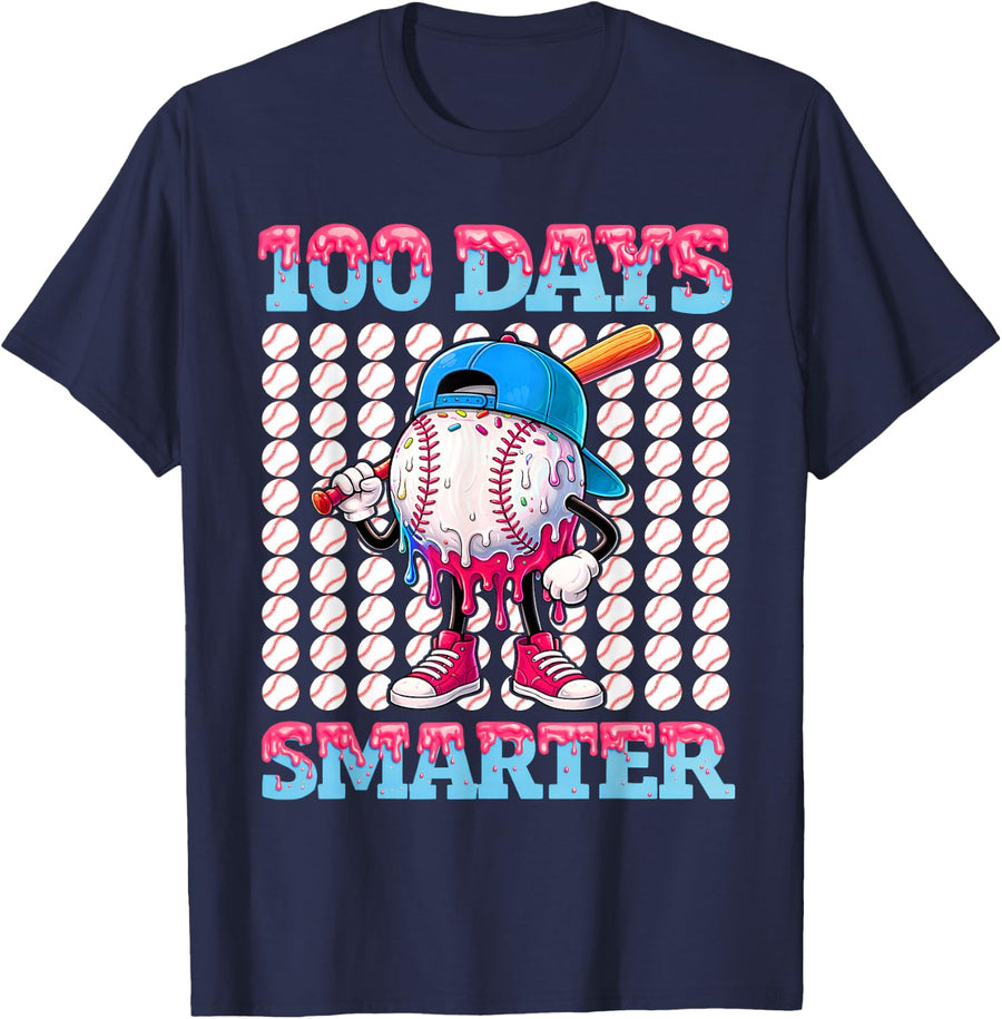 100 Days Smarter Baseball Drip Boys Tee 100 Days of School T-Shirt Kids - Navy Blue