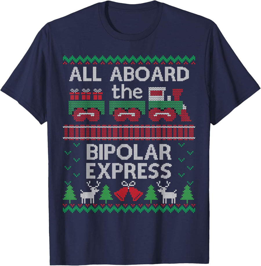 Funny Ugly Christmas Bipolar Express Train Sweater T-Shirt - Navy Blue
