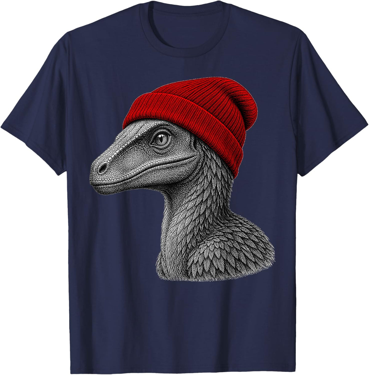Velociraptor Wearing Beanie Funny Chill Dinosaur Lover T-Shirt - Navy Blue