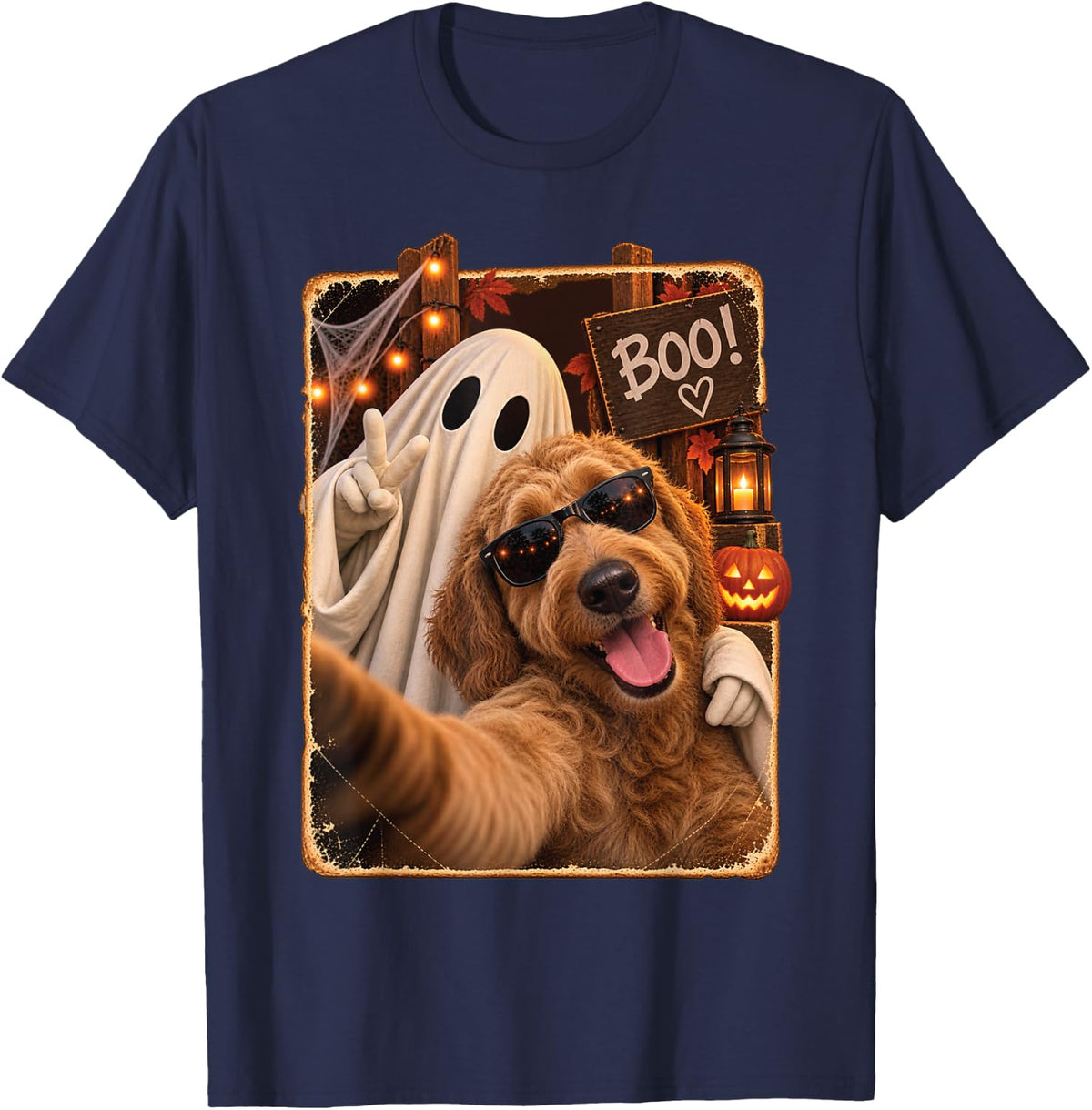 Labradoodle Halloween Dog Ghost Selfie Fun Spooky Pet Family T-Shirt - Navy Blue