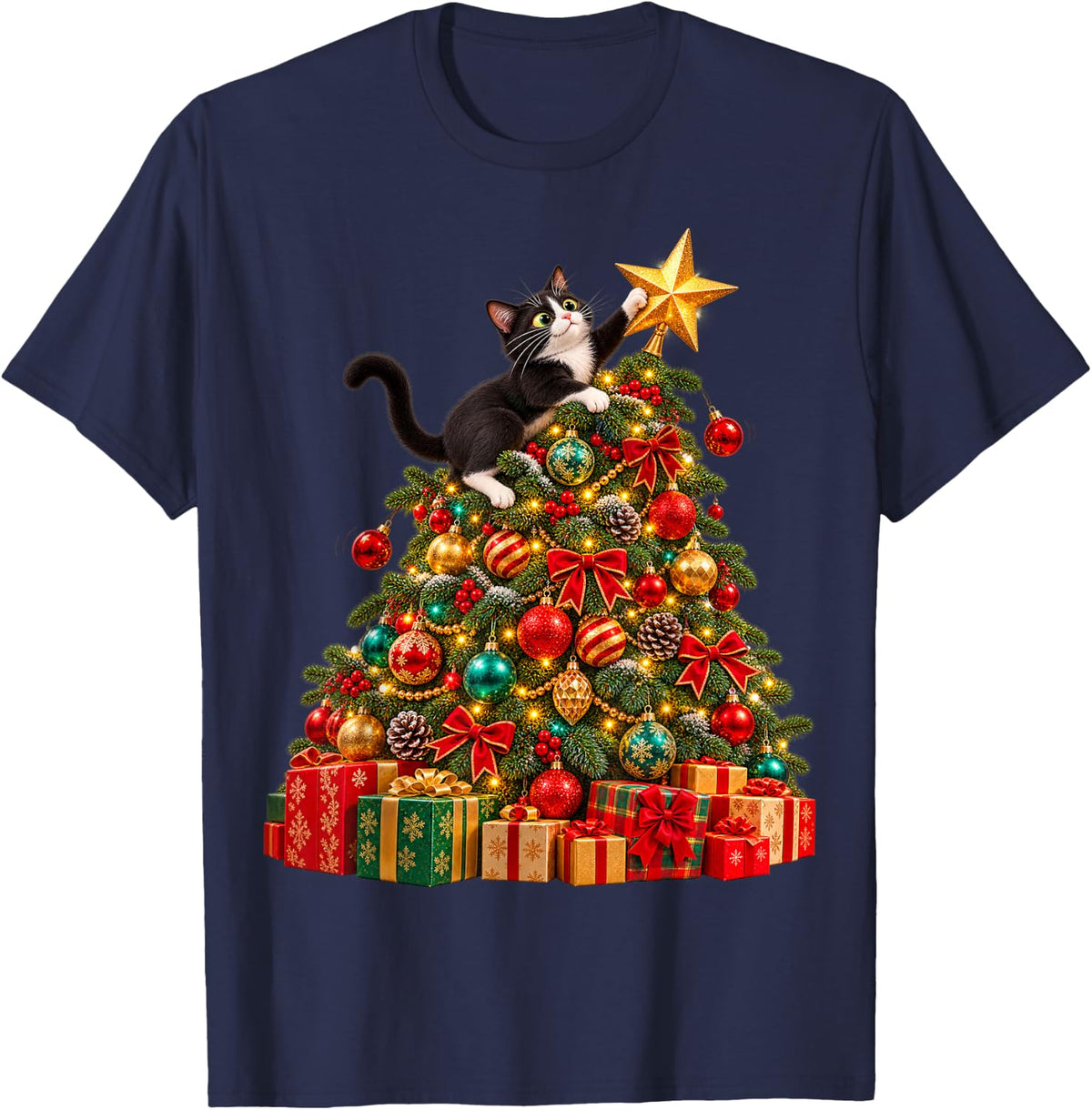 Tuxedo Cat Climbing Christmas Tree Holiday T-Shirt - Navy Blue
