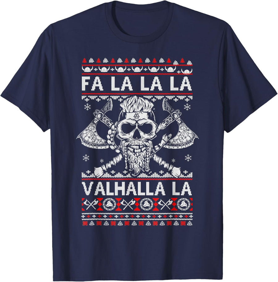 Fa La La Valhalla Viking Skull, Ugly Christmas Sweater T-Shirt - Navy Blue
