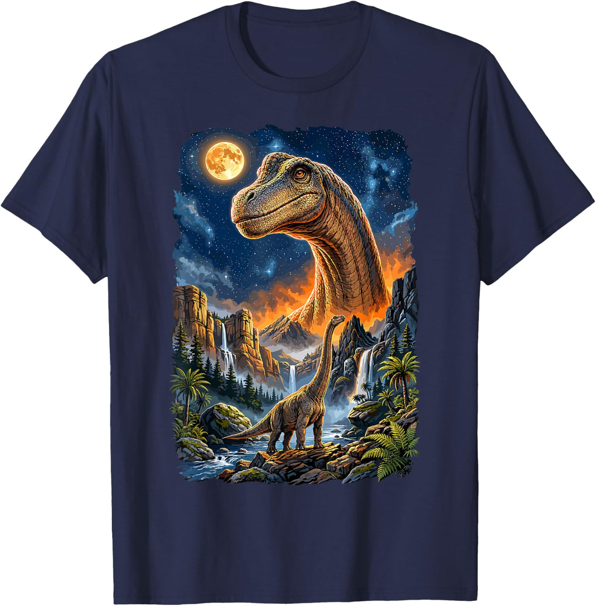 Brachiosaurus Dinosaur Lover Epic Prehistoric Dino Landscape T-Shirt - Navy Blue