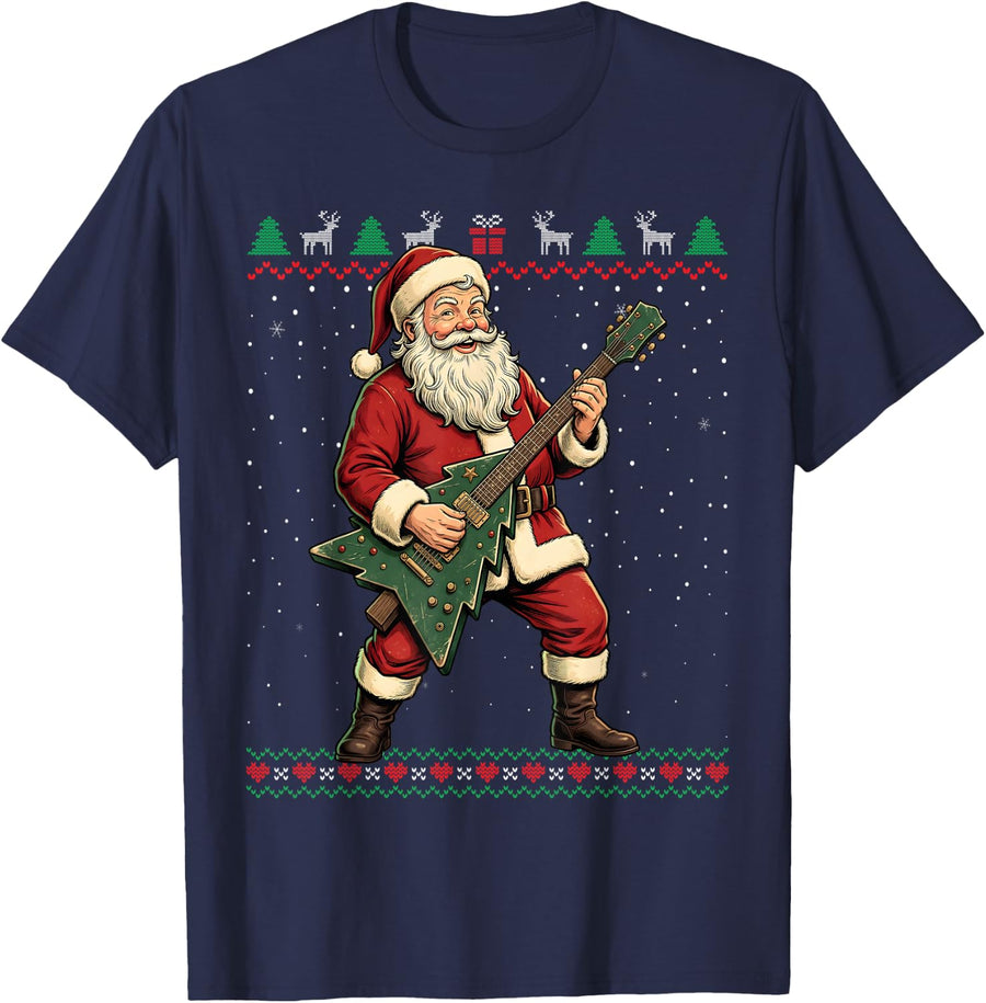 Santa Playing Guitar Ugly Christmas Sweater T-Shirt - Navy Blue