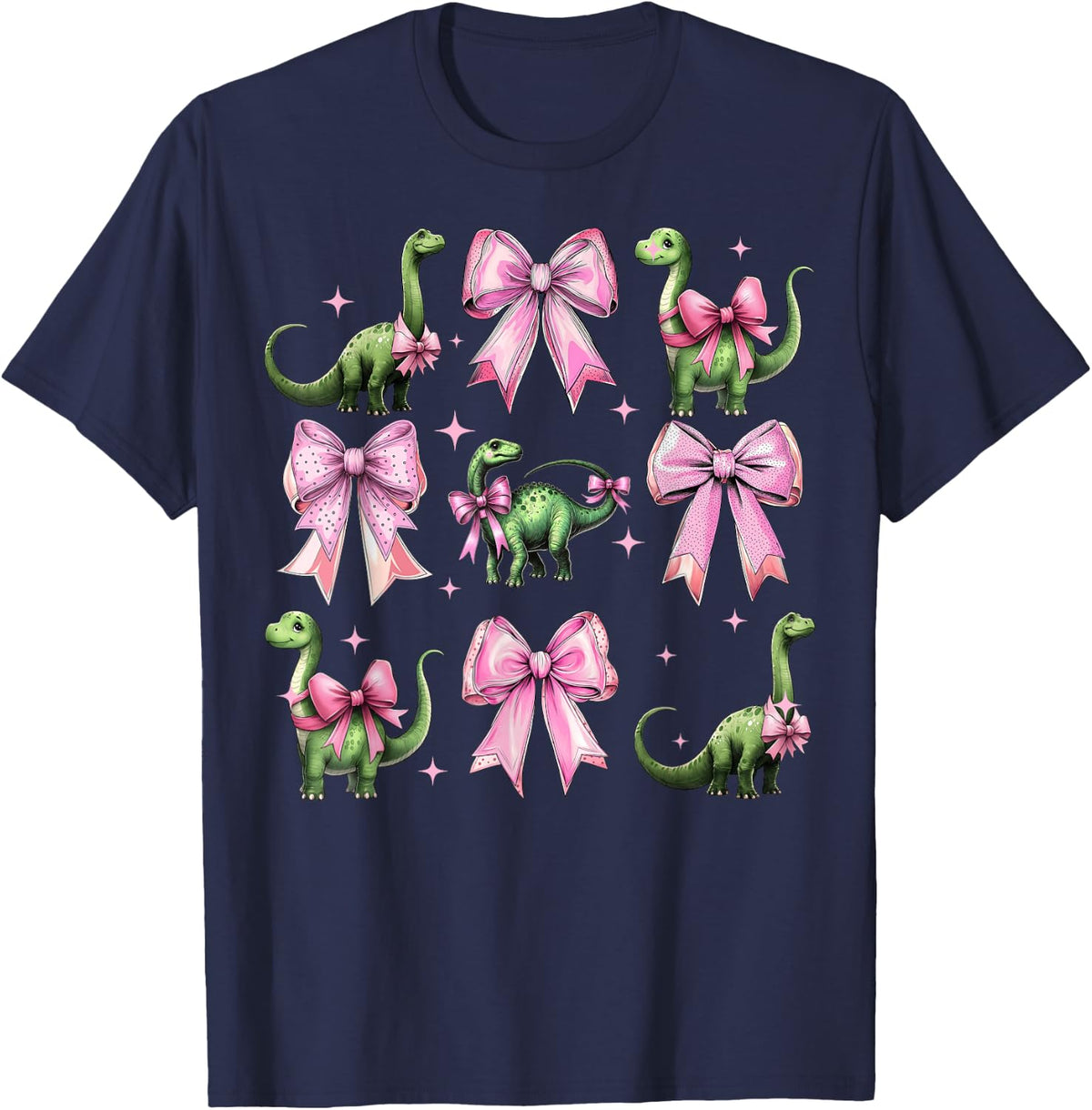 Coquette Bow Brachiosaurus Dinosaur Girl Mom Pink T-Shirt - Navy Blue